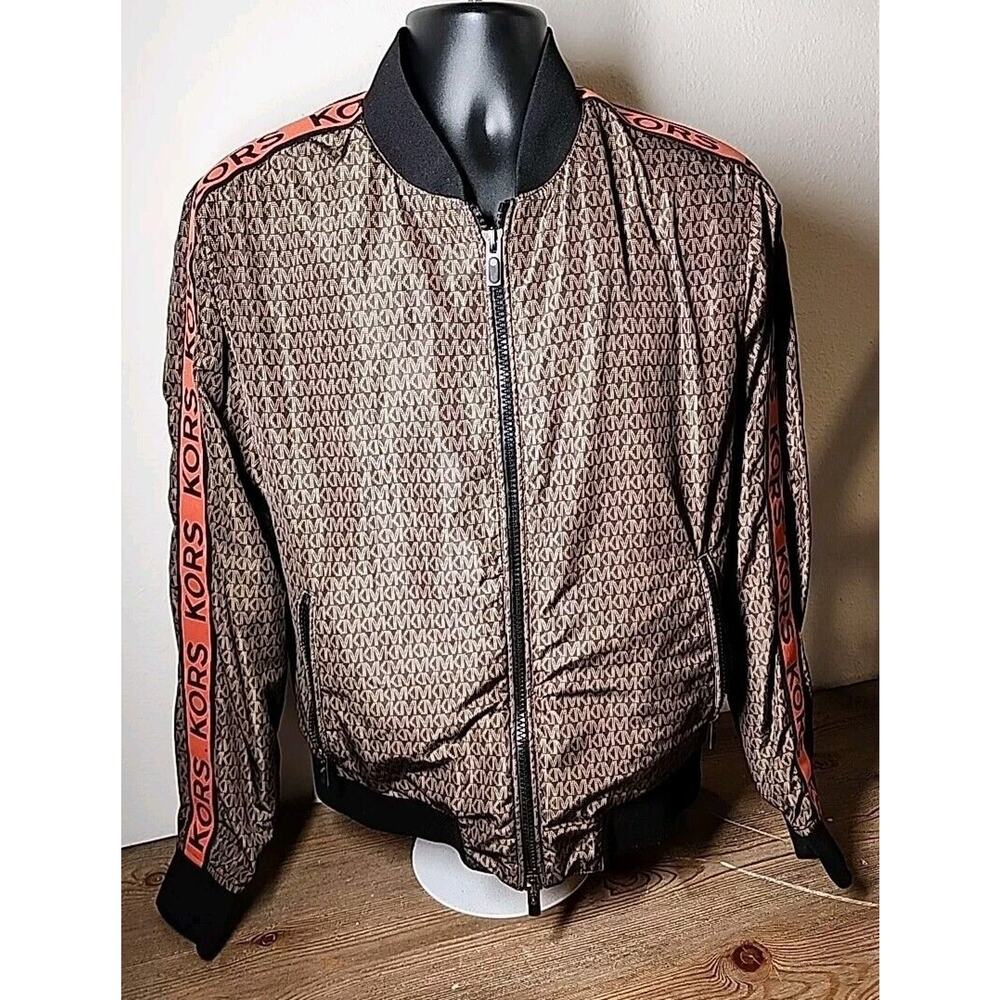 Michael Kors Brown Monogram Logo Bomber Jacket, Size - S